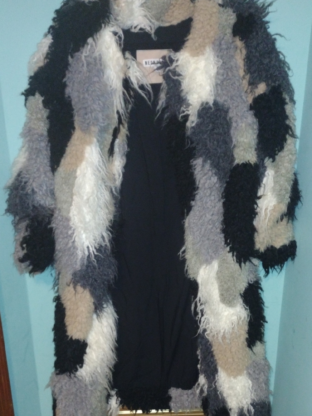 Shaggy Patchwork Open-Front Cardigan in Black & Neutrals